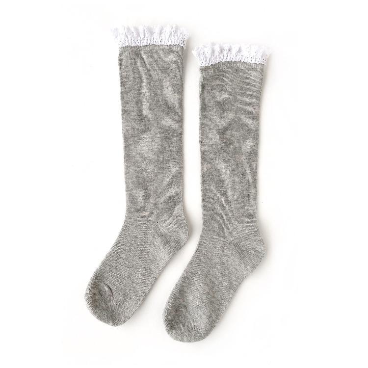 Gray + White Lace Top Knee High Socks
